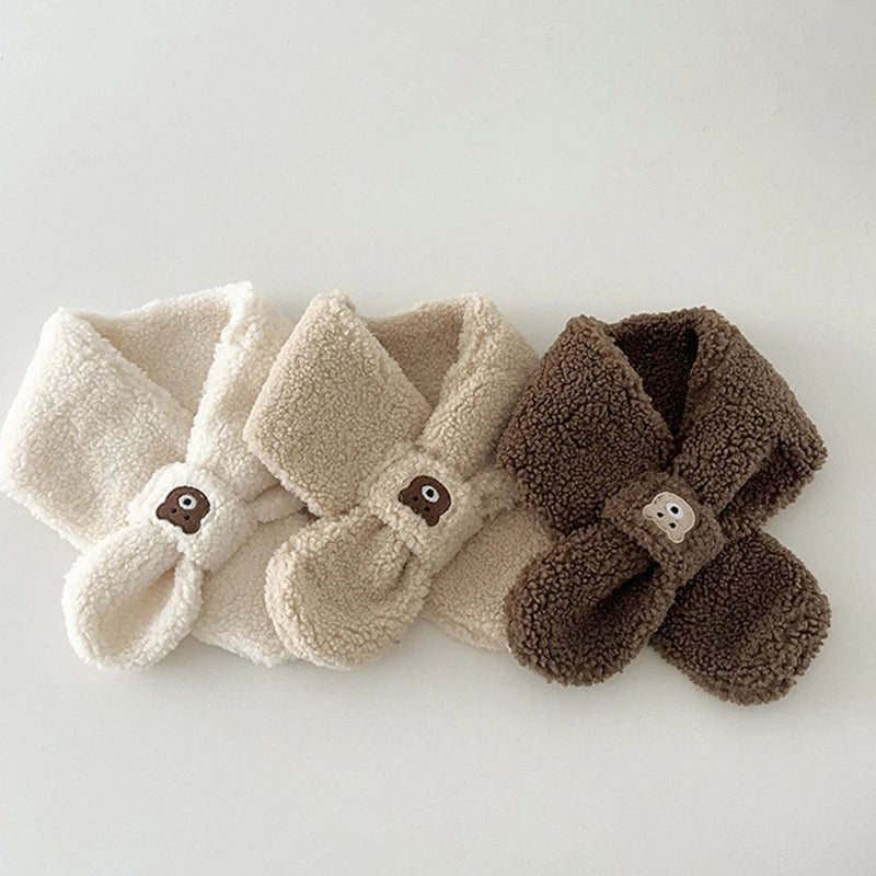 Bear Children Winter Mittens Thicken Warm Halter Baby Gloves for Girls Boys Lamb Wool Korean Kids Scarfs Baby Neck Warmer 2-6Y