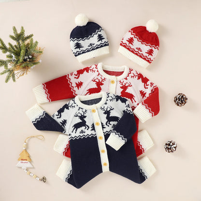 Sending Hats Baby Christmas Rompers Clothes Red Reindeer Knit Newborn Boy Girl Jumpsuits Winter Infant Kids New Year Playsuits