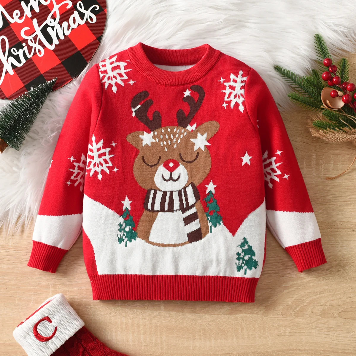 Boys and girls Christmas reindeer sweater long sleeved pullover suitable for parties, daily spring, autumn, winter