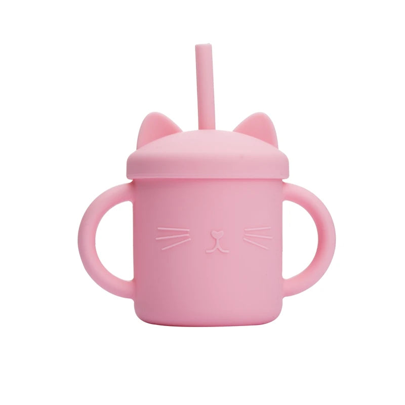 Baby Silicone Straw Feeding Cup BPA Free Children Portable Cartoon Kitty Drink Cup Kids Learning Leakproof Water Feeding Cup