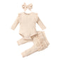 3Pcs Baby Girl Outfit Set Newborn Toddler Kids Clothing Set features lace ruffles, cotton bodysuit, pants, and headband.