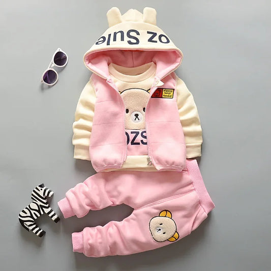 Winter Cartoon Set Baby Autumn Thick Warm Suit Infant Hooded Jackets+Pullovers+Pants 3Pcs Outfits Kids Fleece Clothes