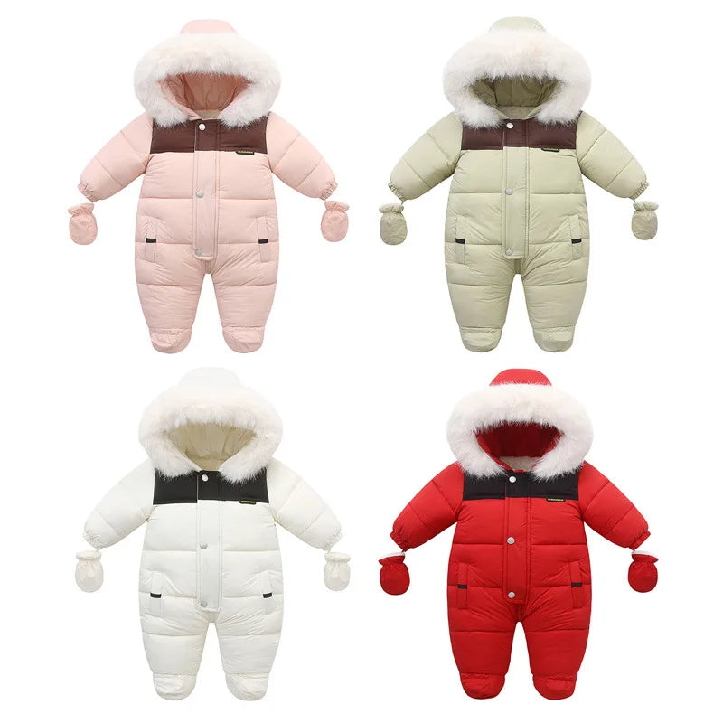 Winter Newborn Girls Romper Cotton Padded Faux Fur Kids Baby Girls Down Jackets Warm Fleece Infant Girls Jumpsuit Toddler Outfit