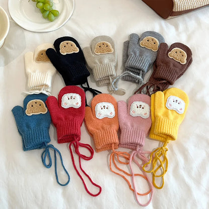 Winter Warm Knitted Baby Gloves Cute Cartoon Bear Boys Girls Full Finger Mittens With Ropes Outdoor Windproof Kids Mittens