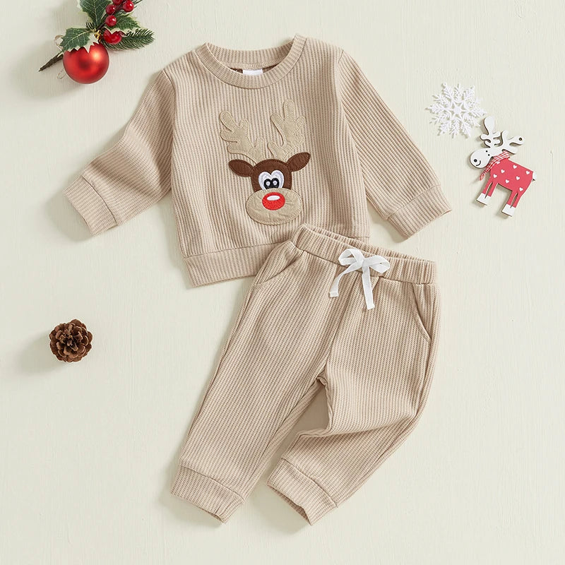 Baby 2Pcs Christmas Outfits Long Sleeve Reindeer Embroidery Sweatshirt and Pocket Pants Set Winter Clothes