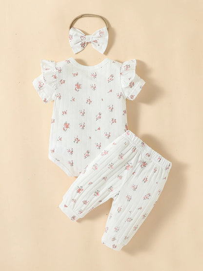 2pcs Newborn Baby Girls Floral Summer Cotton Pantsuit Set