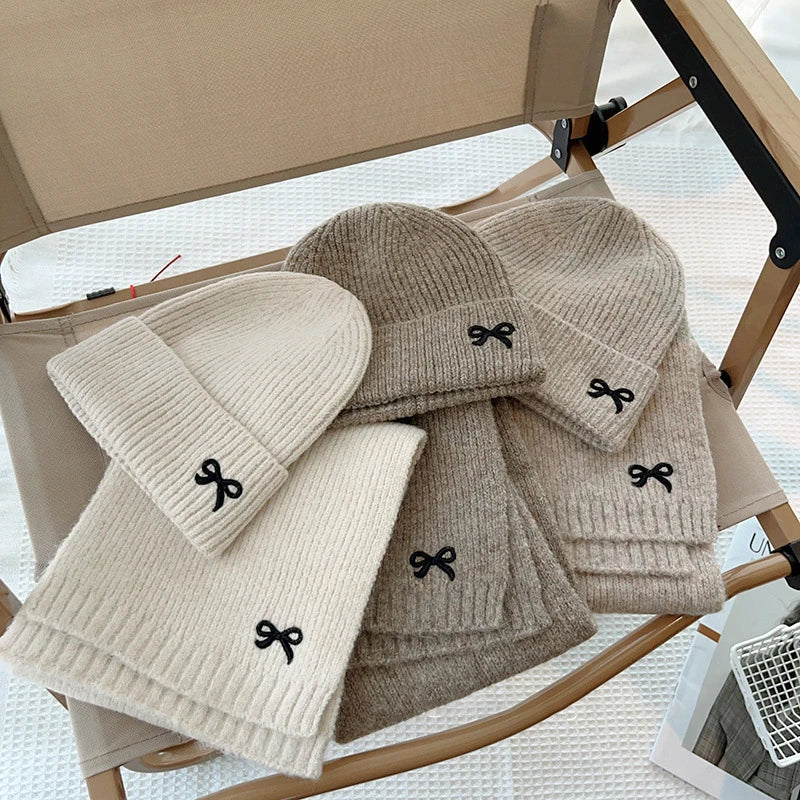 2024 Kids Knitted Hats Scarfs Set Cute Bow Embroidered Hat Trendy Solid Girls Baby Cap Winter Warm Children Accessories