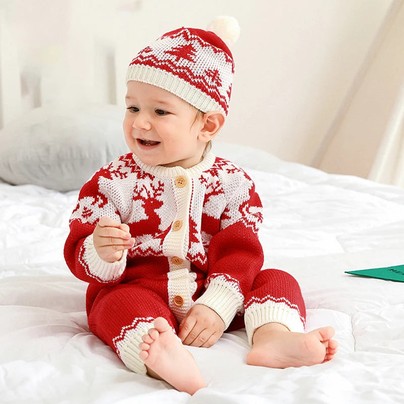 Sending Hats Baby Christmas Rompers Clothes Red Reindeer Knit Newborn Boy Girl Jumpsuits Winter Infant Kids New Year Playsuits