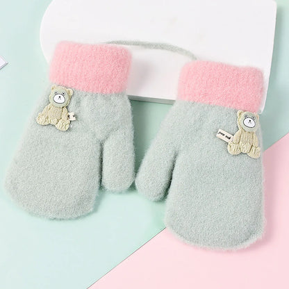 Cute Bear Kids Plush Hanging Neck Mittens Boys Girls Anti Cold Warm Hand Cover 3-7year Children Woolen Glove Winter Baby Thermal