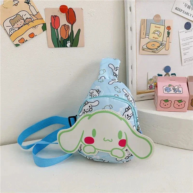 Charming Hello Kitty bag for kids with cute graphics and blue adjustable straps.