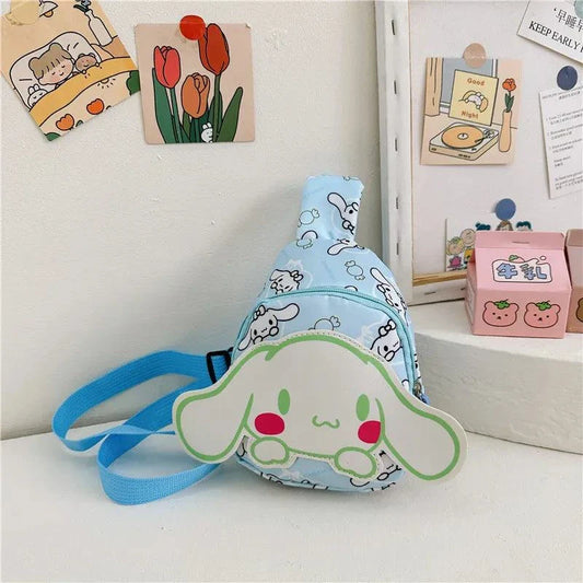 Charming Hello Kitty bag for kids with cute graphics and blue adjustable straps.