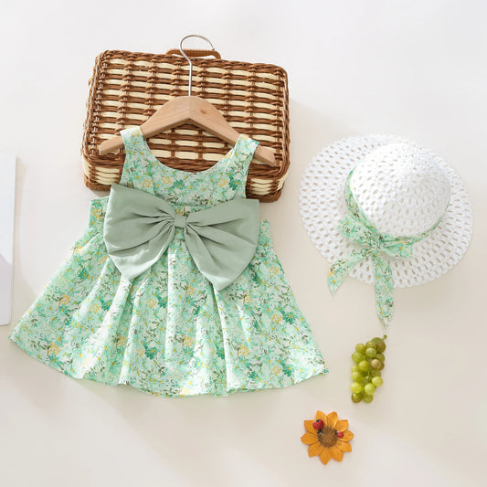 Summer 2 - Piece Baby Dress+Sun Hat Bow Strap Floral Baby Girl Dress Soft And Comfortable Children'S Clothing - BabyHaven