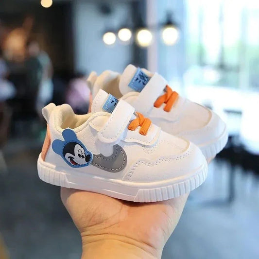 Disney-themed white casual shoes for kids with anti-slip and cushioned design, featuring popular character details.