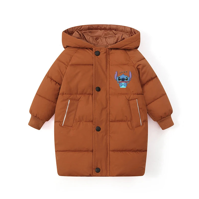 Disney Stitch Kids Long Winter Jacket Thicken Warm Cotton Coat for Boys And Girls Autumn Teen Outerwear Big Children's Clothes