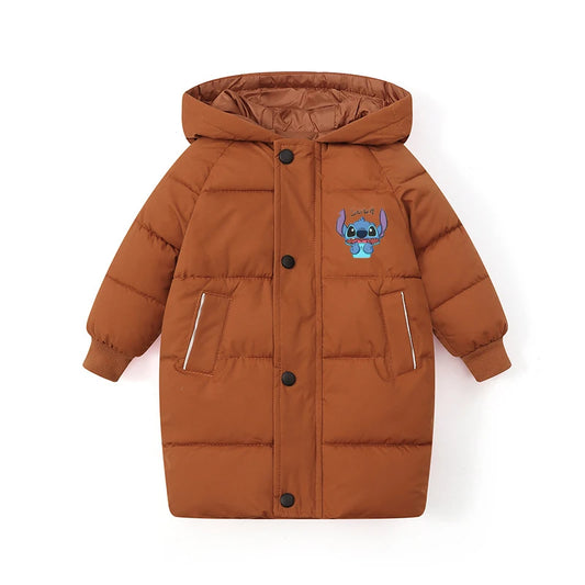 Disney Stitch Kids Long Winter Jacket Thicken Warm Cotton Coat for Boys And Girls Autumn Teen Outerwear Big Children's Clothes