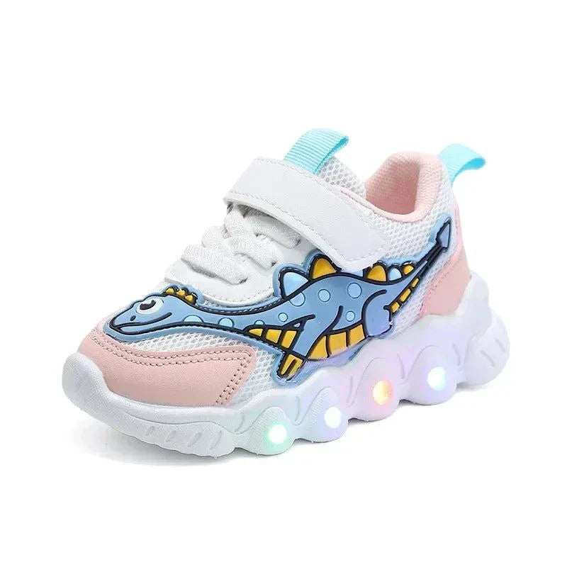 Colorful animal print sneakers for kids with lights, perfect for adventures.