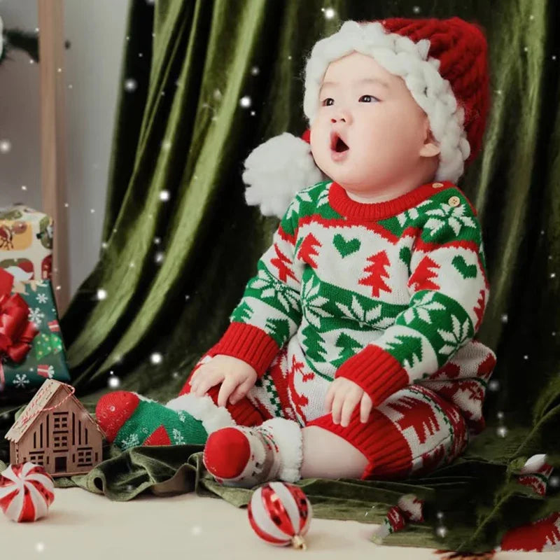 0-18m Red Reindeer Knit clothes Infant Winter Newborn Christmas Rompers Boys Girl Long Sleeve Playsuits Hats Set Toddler Outwear