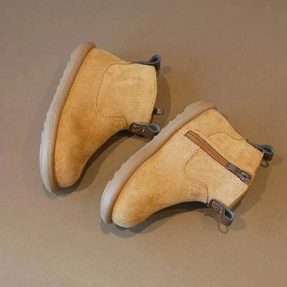 Stylish versatility unisex boots with tan suede finish and zipper closure, perfect for kids.