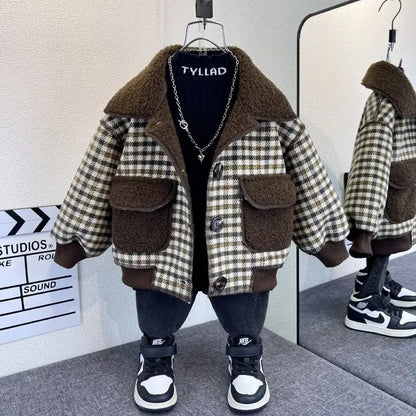 Girl Children's Clothing Fleece Plaid Single Breasted Jacket 2025 New Boy Autumn Winter Jacket Baby One-piece Fleece Top