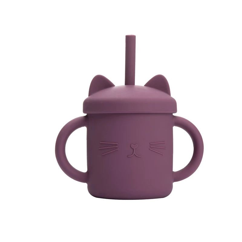 Baby Silicone Straw Feeding Cup BPA Free Children Portable Cartoon Kitty Drink Cup Kids Learning Leakproof Water Feeding Cup