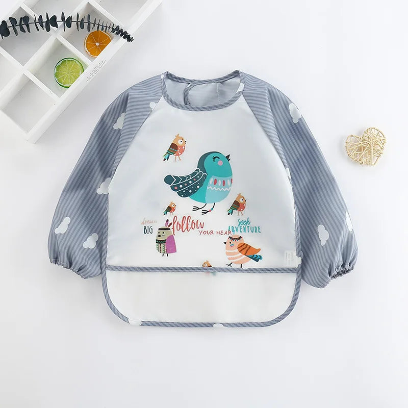 Baby Bibs Cute Colorful Cartoon Waterproof Bib Infant Eating Children Drawing Long Sleeve Pocket Apron Self Feeding Baby 0-3Y