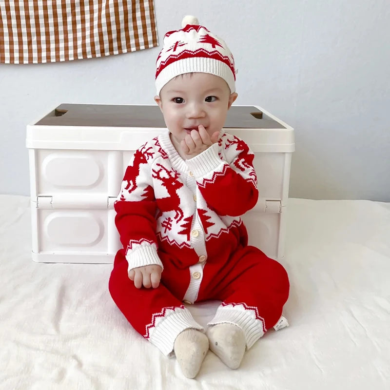 Sending Hats Baby Christmas Rompers Clothes Red Reindeer Knit Newborn Boy Girl Jumpsuits Winter Infant Kids New Year Playsuits