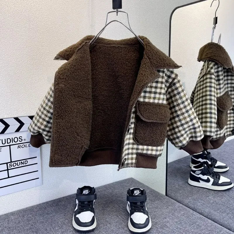 Girl Children's Clothing Fleece Plaid Single Breasted Jacket 2025 New Boy Autumn Winter Jacket Baby One-piece Fleece Top
