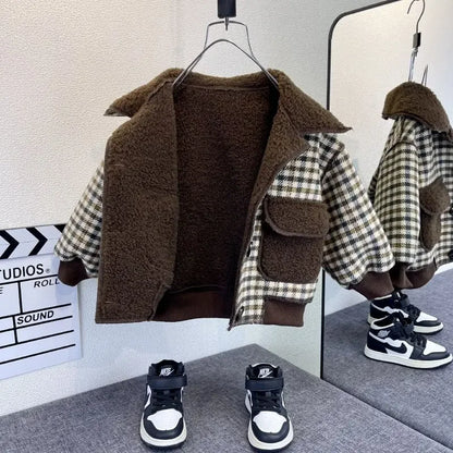Girl Children's Clothing Fleece Plaid Single Breasted Jacket 2025 New Boy Autumn Winter Jacket Baby One-piece Fleece Top