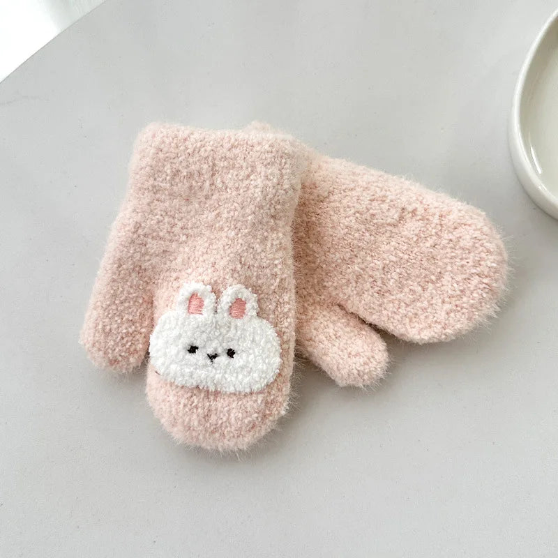 Cartoon Baby Plush Mittens Thick Double Layer Hanging Neck Gloves 1-3Year Girl Boy Winter Hand Warmer Cover Cute Children Gloves