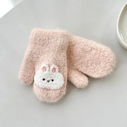 Cartoon Baby Plush Mittens Thick Double Layer Hanging Neck Gloves 1-3Year Girl Boy Winter Hand Warmer Cover Cute Children Gloves