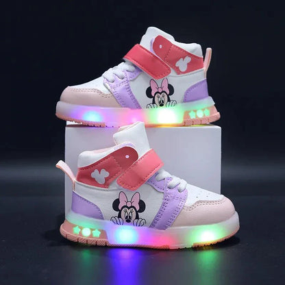 Disney white casual shoes for kids with vibrant Disney design and LED lights.