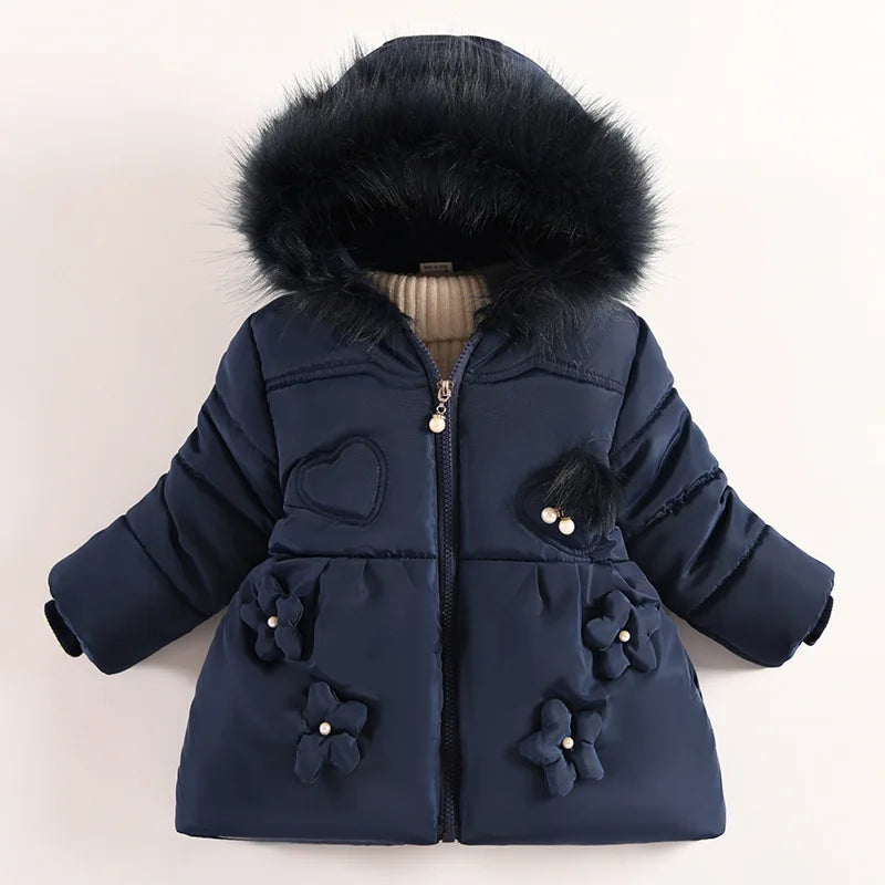 Flowers Autumn Winter Girls Jacket Fur Collar Keep Warm Little Princess Coat Hooded Zipper Baby Outerwear 1-5 Years Kids Clothes