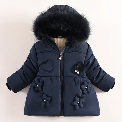 Flowers Autumn Winter Girls Jacket Fur Collar Keep Warm Little Princess Coat Hooded Zipper Baby Outerwear 1-5 Years Kids Clothes