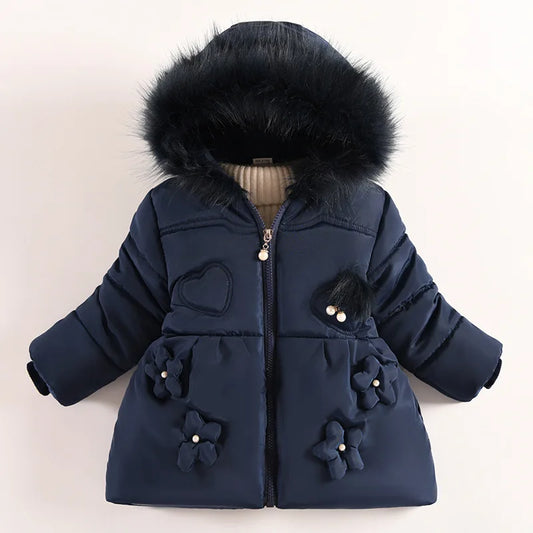 Flowers Autumn Winter Girls Jacket Fur Collar Keep Warm Little Princess Coat Hooded Zipper Baby Outerwear 1-5 Years Kids Clothes