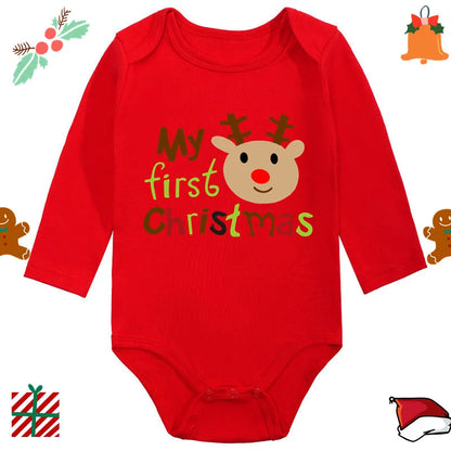 My 1st Christmas Santa Claus Elk Print Newborn Cute Long Sleeve Romper Red Cotton Baby Boys Girls Bodysuit