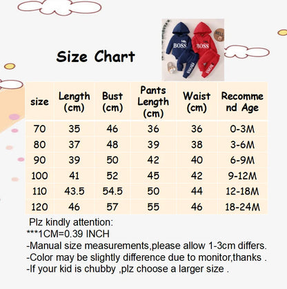 0-2 Years Newborn Baby Boy Hooded Suit 2Pcs Set Sweatsuit