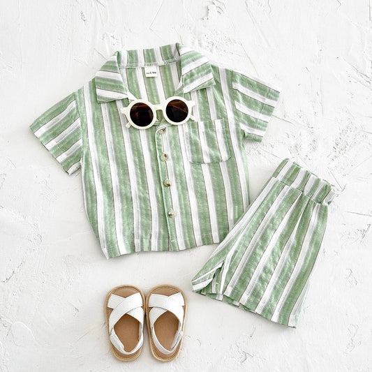 Newborn Baby Boys Girls Clothing Summer Set Green Stripe Buttoned Shirt Shorts 2Pcs Set - BabyHaven