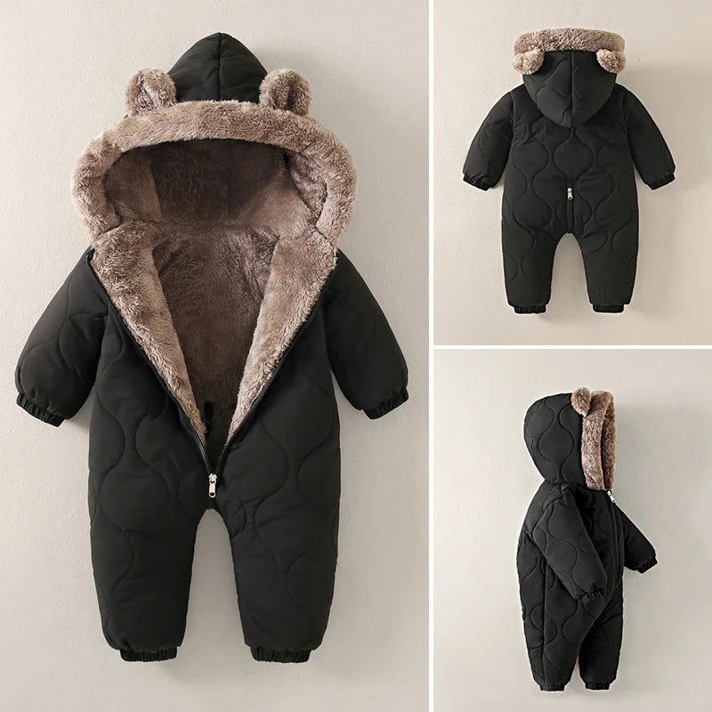 Autumn Winter Baby Boy Romper Fleece Plus Velvet Hooded Baby Boy Jumsuit 0-2 Years Toddler Boy Overalls Infant Snowsuit