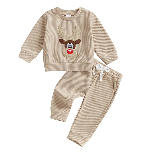 Baby 2Pcs Christmas Outfits Long Sleeve Reindeer Embroidery Sweatshirt and Pocket Pants Set Winter Clothes