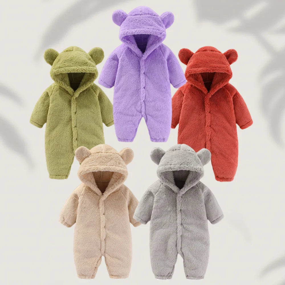 Winter 0-12M Newborn Baby Girls Boys Warm Fleece Bear Ear Romper Jumpsuit Thick Cozy Multi-Color Infant Hooded Jumpsuit