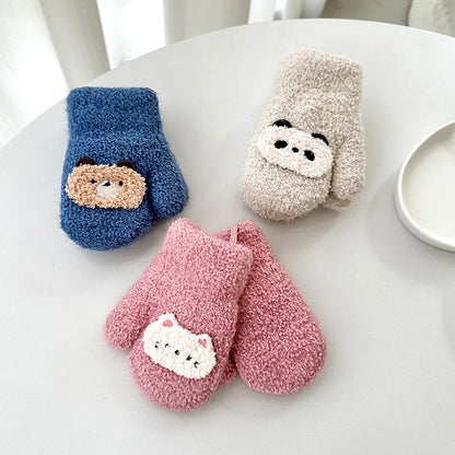 Cartoon Baby Plush Mittens Thick Double Layer Hanging Neck Gloves 1-3Year Girl Boy Winter Hand Warmer Cover Cute Children Gloves