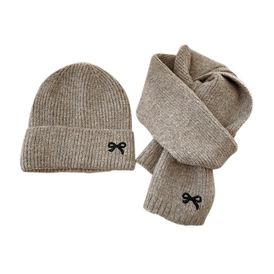 2024 Kids Knitted Hats Scarfs Set Cute Bow Embroidered Hat Trendy Solid Girls Baby Cap Winter Warm Children Accessories