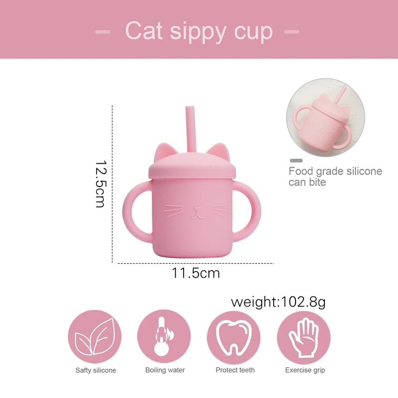 Baby Silicone Straw Feeding Cup BPA Free Children Portable Cartoon Kitty Drink Cup Kids Learning Leakproof Water Feeding Cup