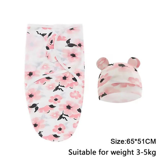 Baby Blanket Hat Set Cartoon Printed Cotton Newborn Swaddle - BabyHaven