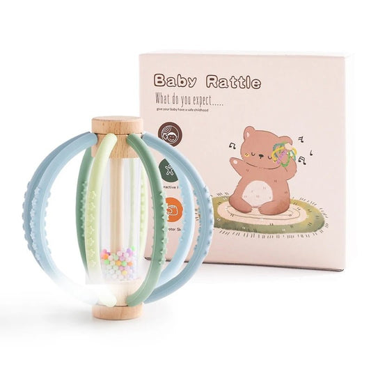 Baby Rattle Toy Wooden Rain Drum With Silicone Baby Sensory Touch Toy Newborn Dental Care Gum Anti - eating Hand Molar Stick Gif - BabyHaven