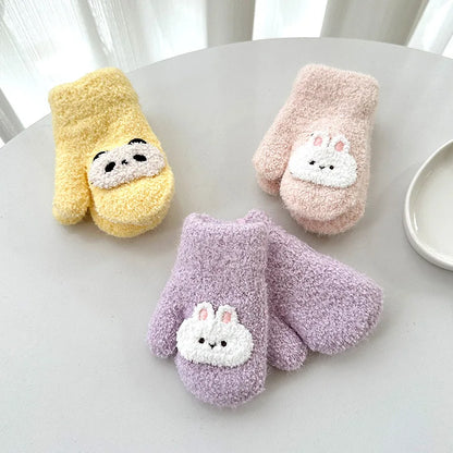 Cartoon Baby Plush Mittens Thick Double Layer Hanging Neck Gloves 1-3Year Girl Boy Winter Hand Warmer Cover Cute Children Gloves