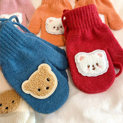 Winter Warm Knitted Baby Gloves Cute Cartoon Bear Boys Girls Full Finger Mittens With Ropes Outdoor Windproof Kids Mittens