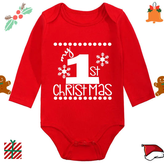 My 1st Christmas Santa Claus Elk Print Newborn Cute Long Sleeve Romper Red Cotton Baby Boys Girls Bodysuit