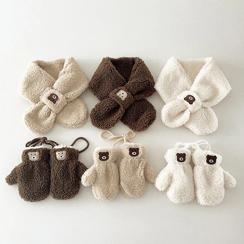 Bear Children Winter Mittens Thicken Warm Halter Baby Gloves for Girls Boys Lamb Wool Korean Kids Scarfs Baby Neck Warmer 2-6Y