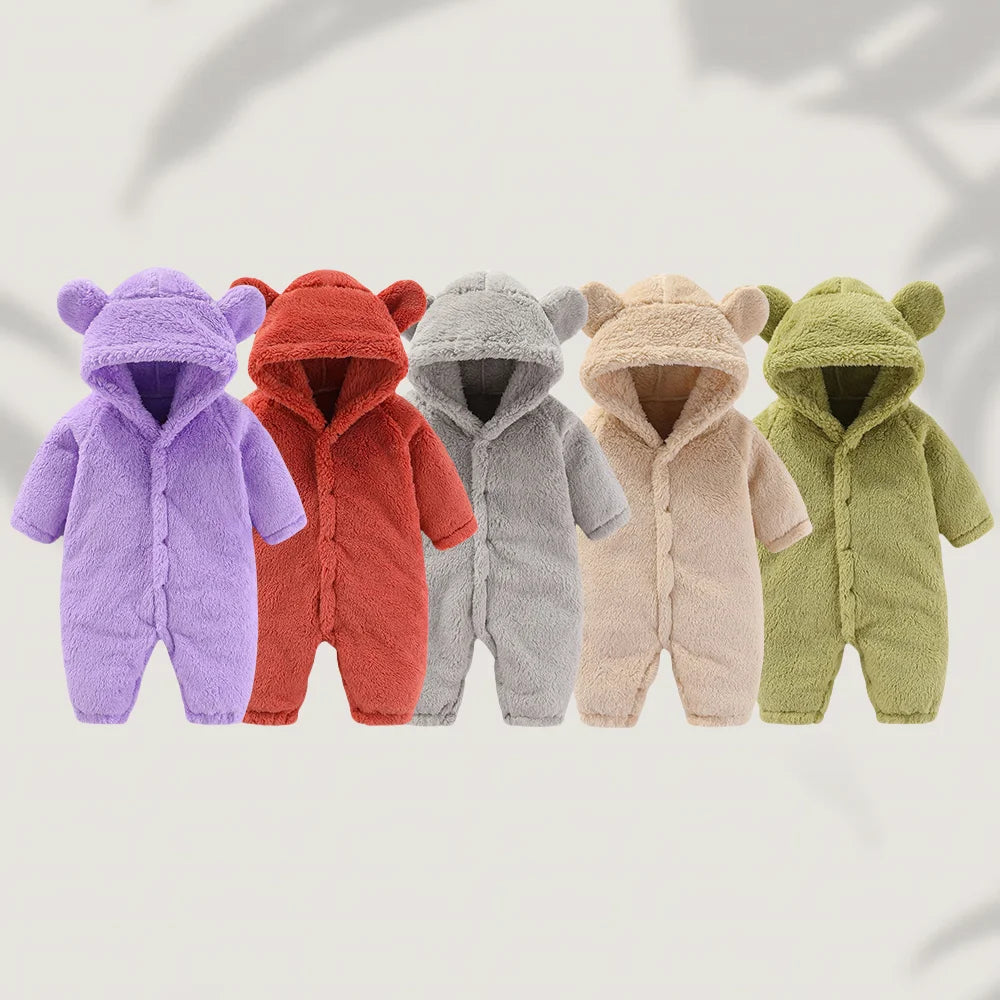 Winter 0-12M Newborn Baby Girls Boys Warm Fleece Bear Ear Romper Jumpsuit Thick Cozy Multi-Color Infant Hooded Jumpsuit
